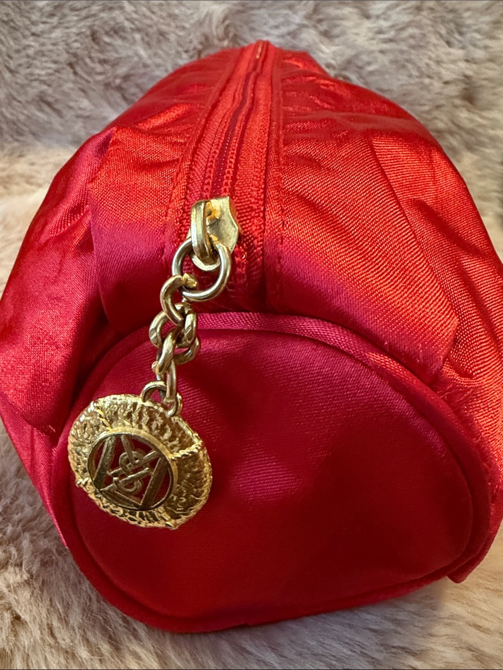 Yves Saint Laurent Red Satin Cosmetic Pouch with Gold Charm